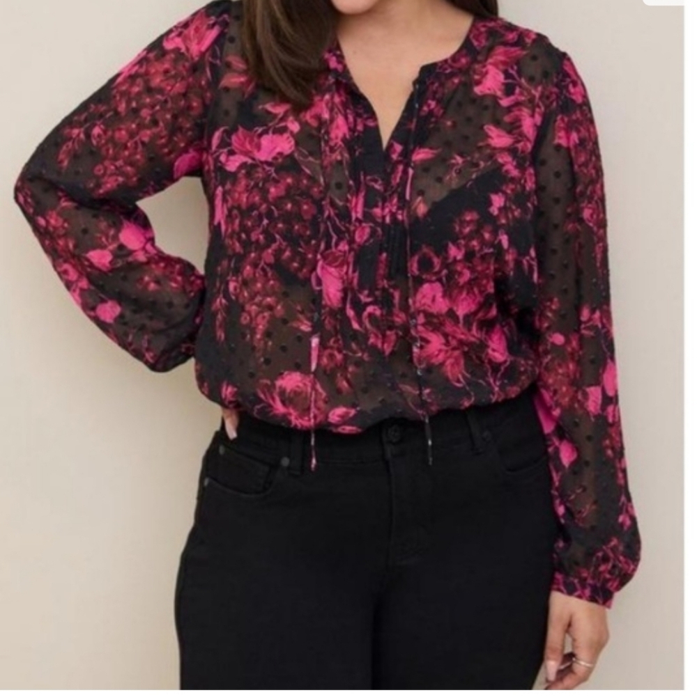 Torrid Chiffon Swiss Dot Floral Blouse